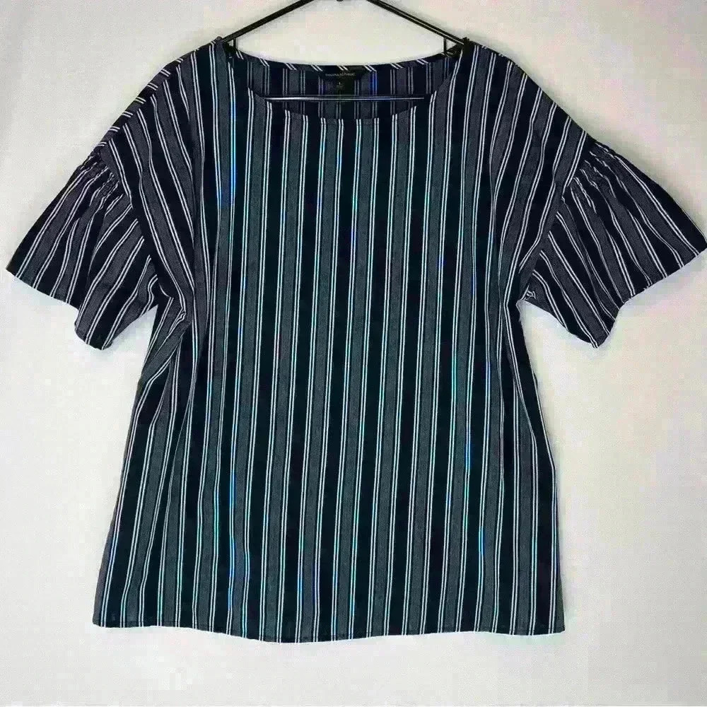 Banana Republic Blouse M Women's Cinched Short Sleeve Navy Gray White Striped